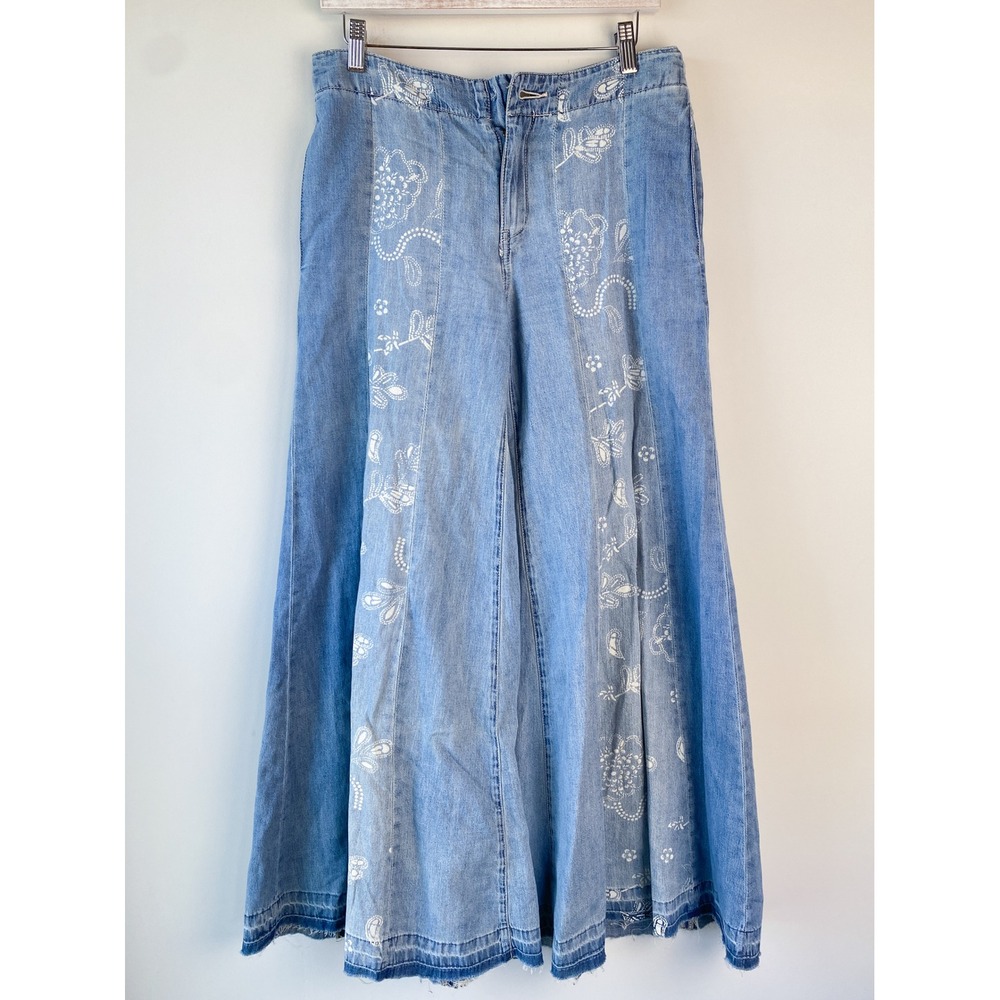 Free People We The Free Luna Extreme Flare Pants 27‎ Blue Patchwork Denim Hippie - Picture 2 of 14